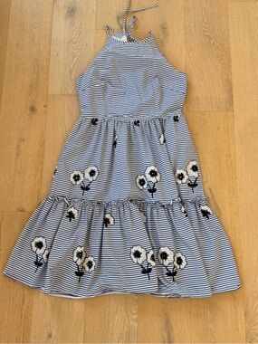 Eliza J Blue & White Striped Halter Dress with Black Floral Embroidery